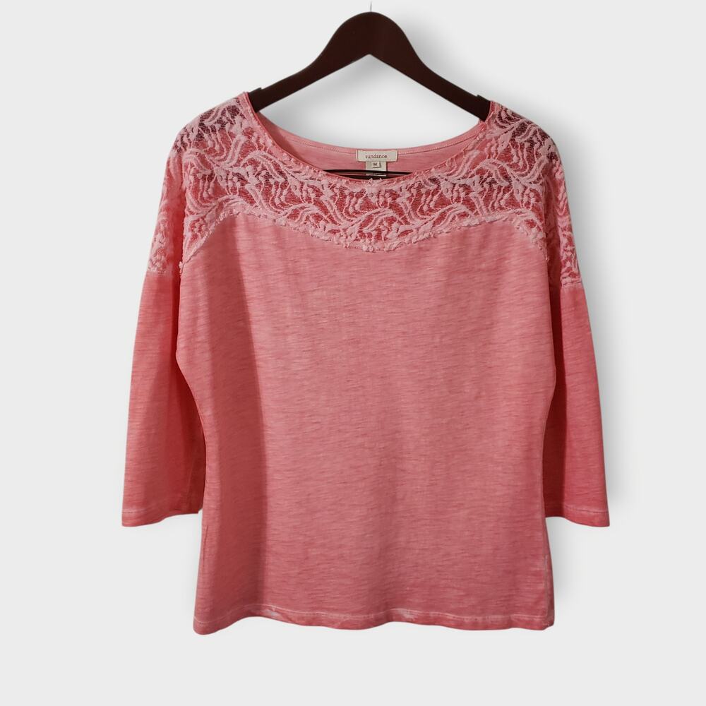 Sundance Womens Lace Boatneck Cotton Sunwashed 1/4 Sleeve Top Coral Pink‎ Sz Med